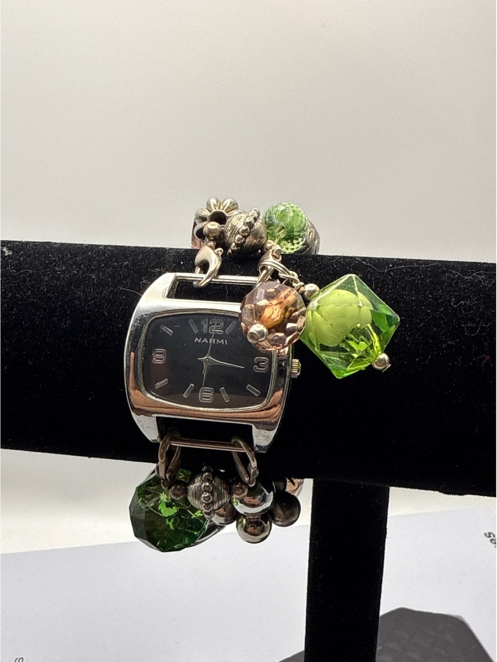 Y@K Narmi Charm Bracelet Watch Green Beaded Stretch Quartz Wristwatch